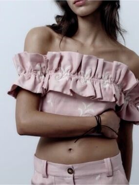 Zara Blush Pink Off-Shoulder Ruffle Crop Top